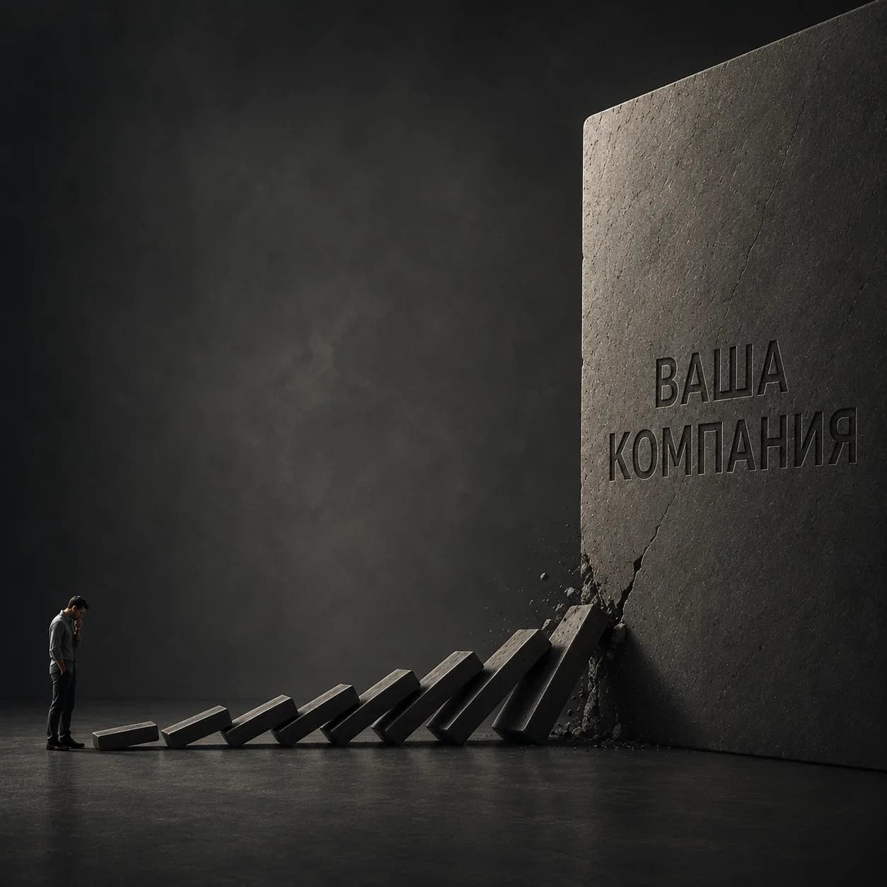 Падающее домино упирается в стену с надписью «Ваша компания»