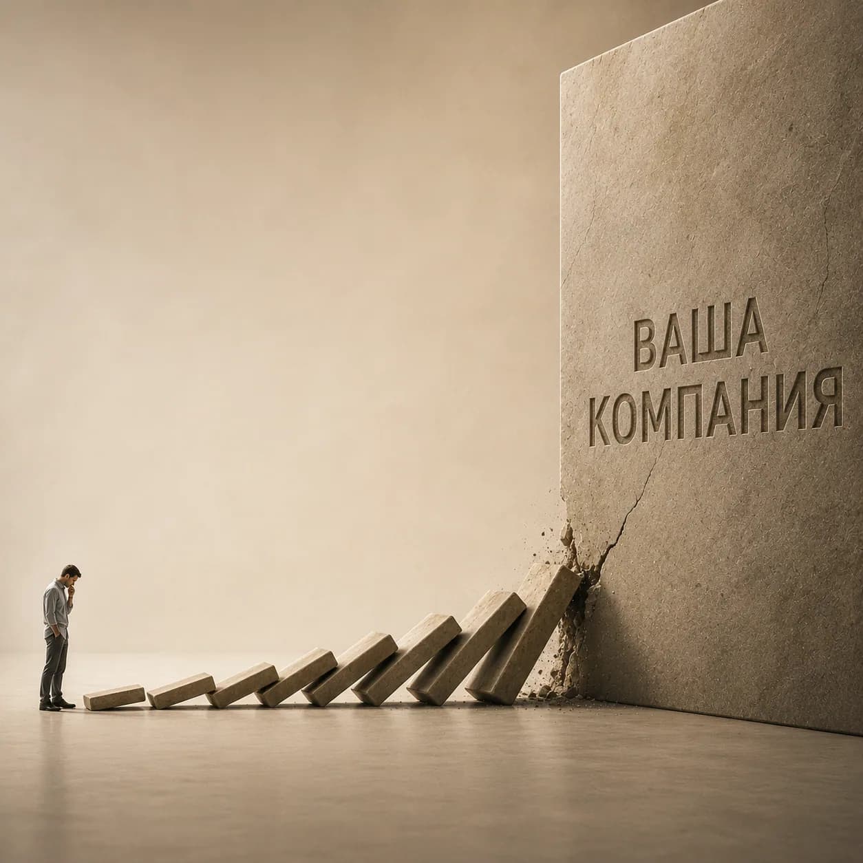 Падающее домино упирается в стену с надписью «Ваша компания»